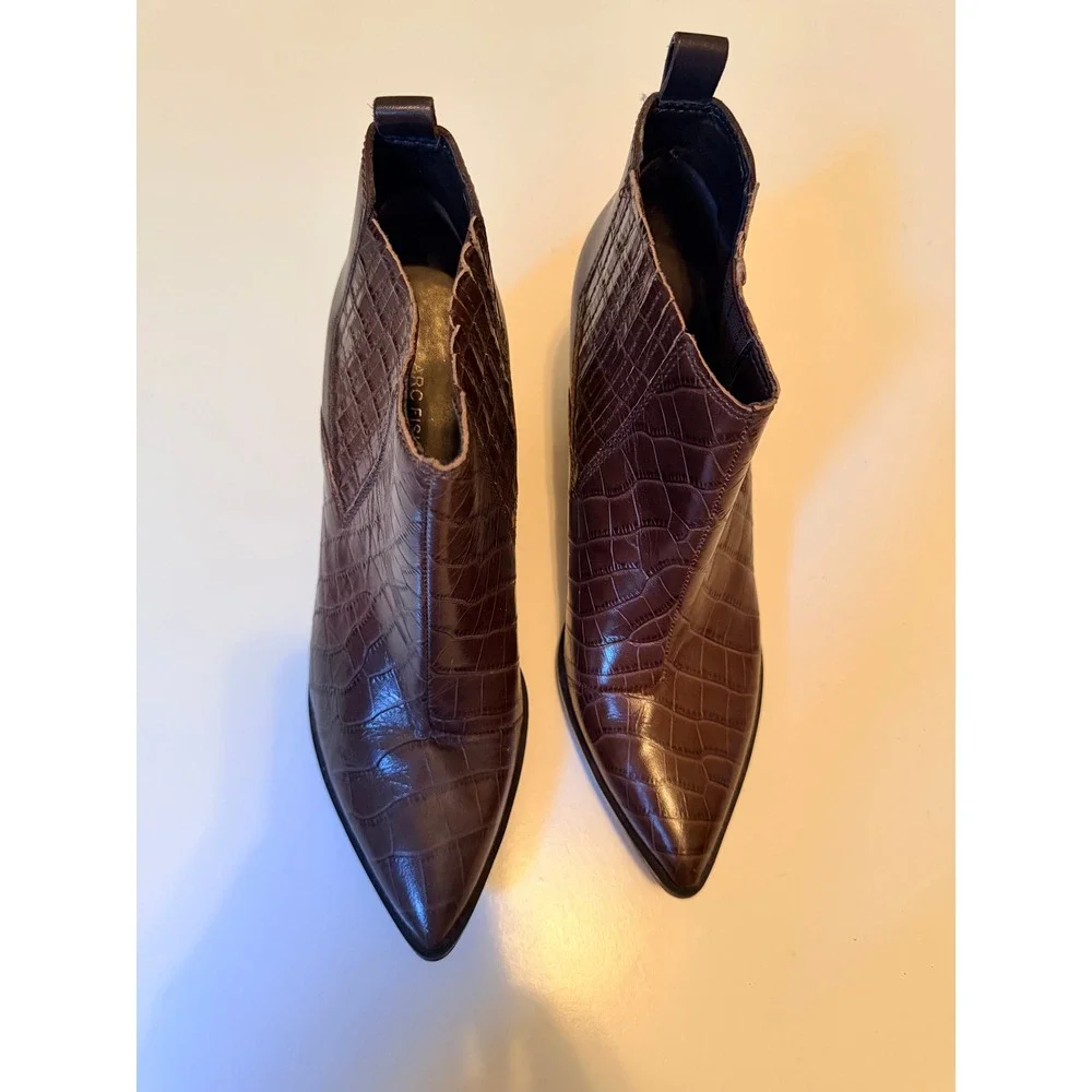 Marc Fisher Ankle Boots Size 8.5 Brown‎ Yale Croc Embossed Leather Block Heel